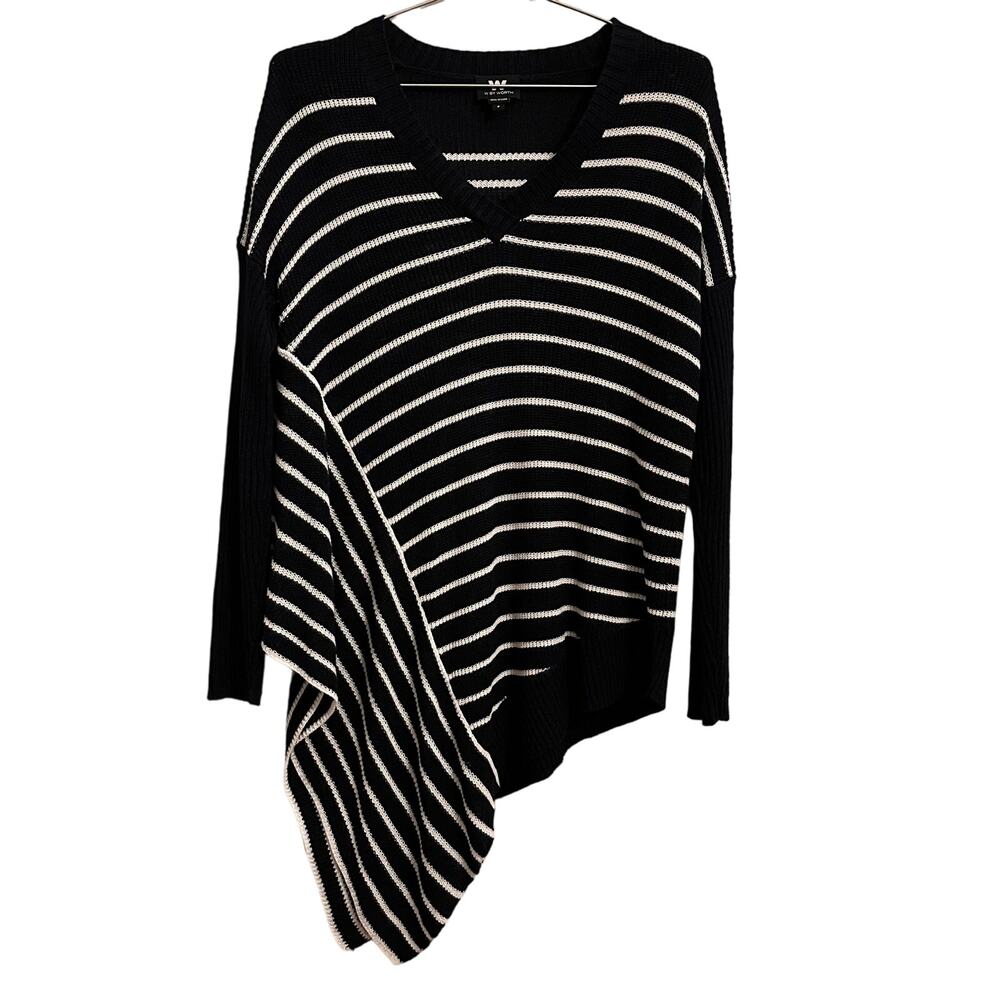 W by Worth Black & White Striped Linen Blend Asymmetrical Sweater S